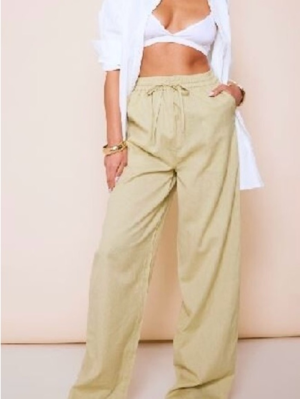 H&M Wide-Leg Drawstring Pants in Sage Green - Women - Picture 2 of 6